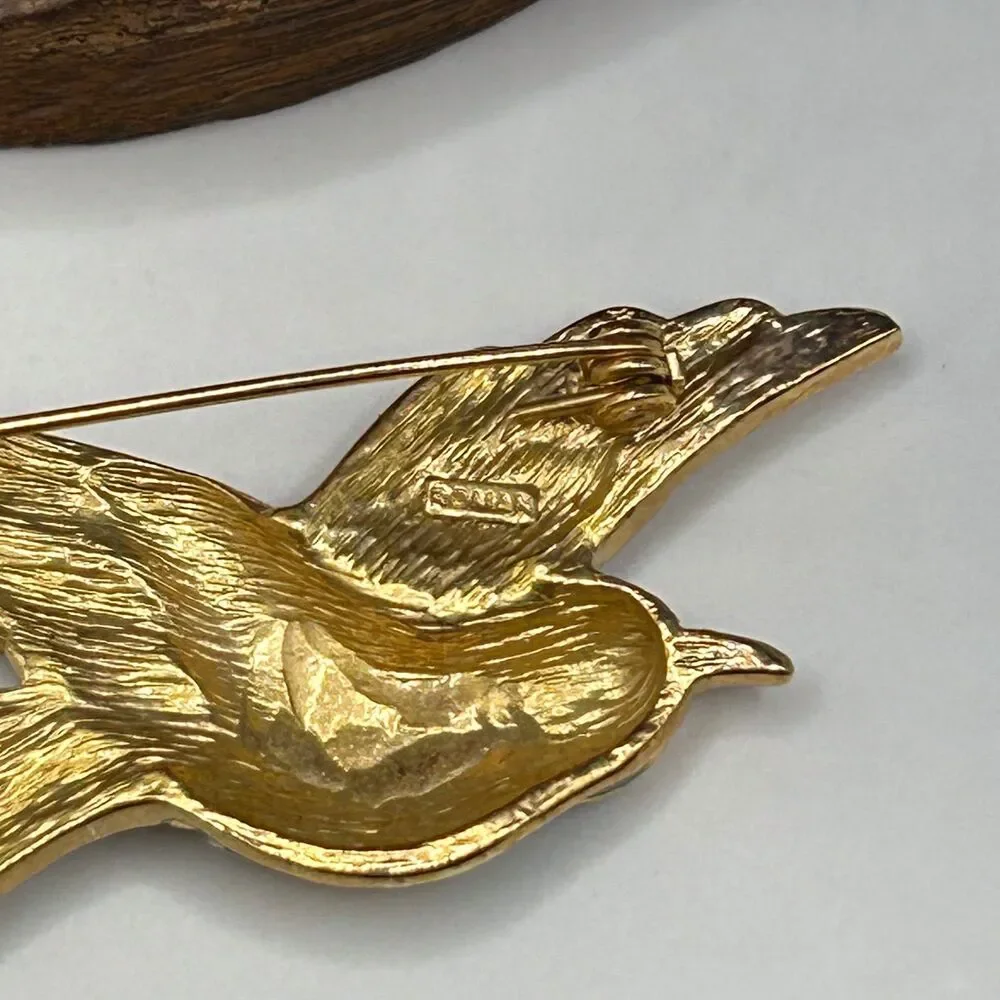 Roman Signed Vintage Bird Brooch Gold Tone Rhinestone Blue Green Enamel